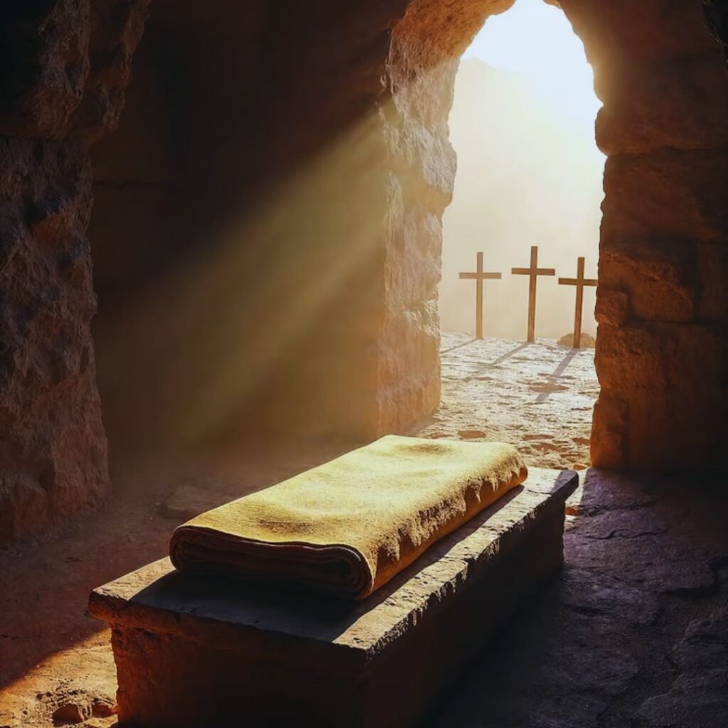 Túmulo-vazio-luz-manhã-lençol-dobrado-sepulcro-vida-brota-morte